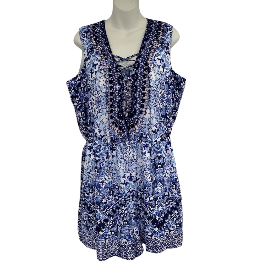 Blue and White Floral Romper Jumpsuit with V-Neckline by Jennifer Lopez Large